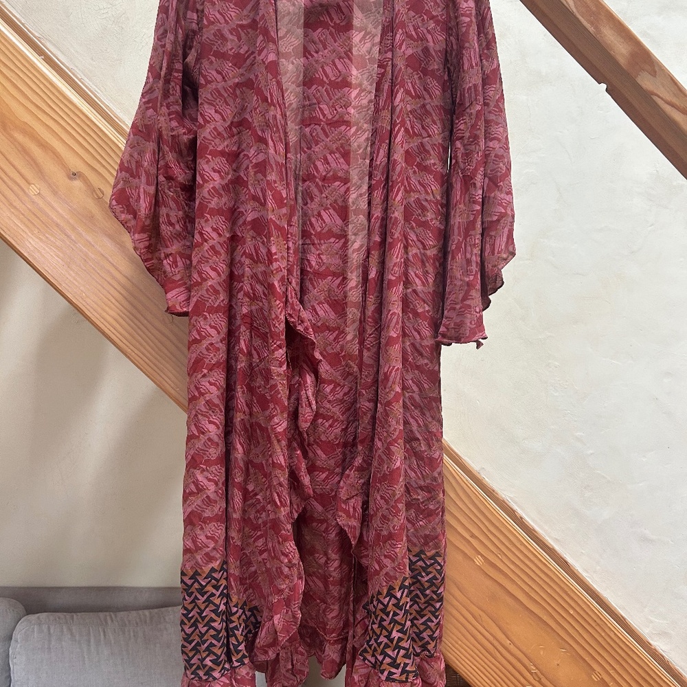 Indie Ella Butterfly Sleeve Silk Wrap Dress, Maroon Patterned (Sz S/M)